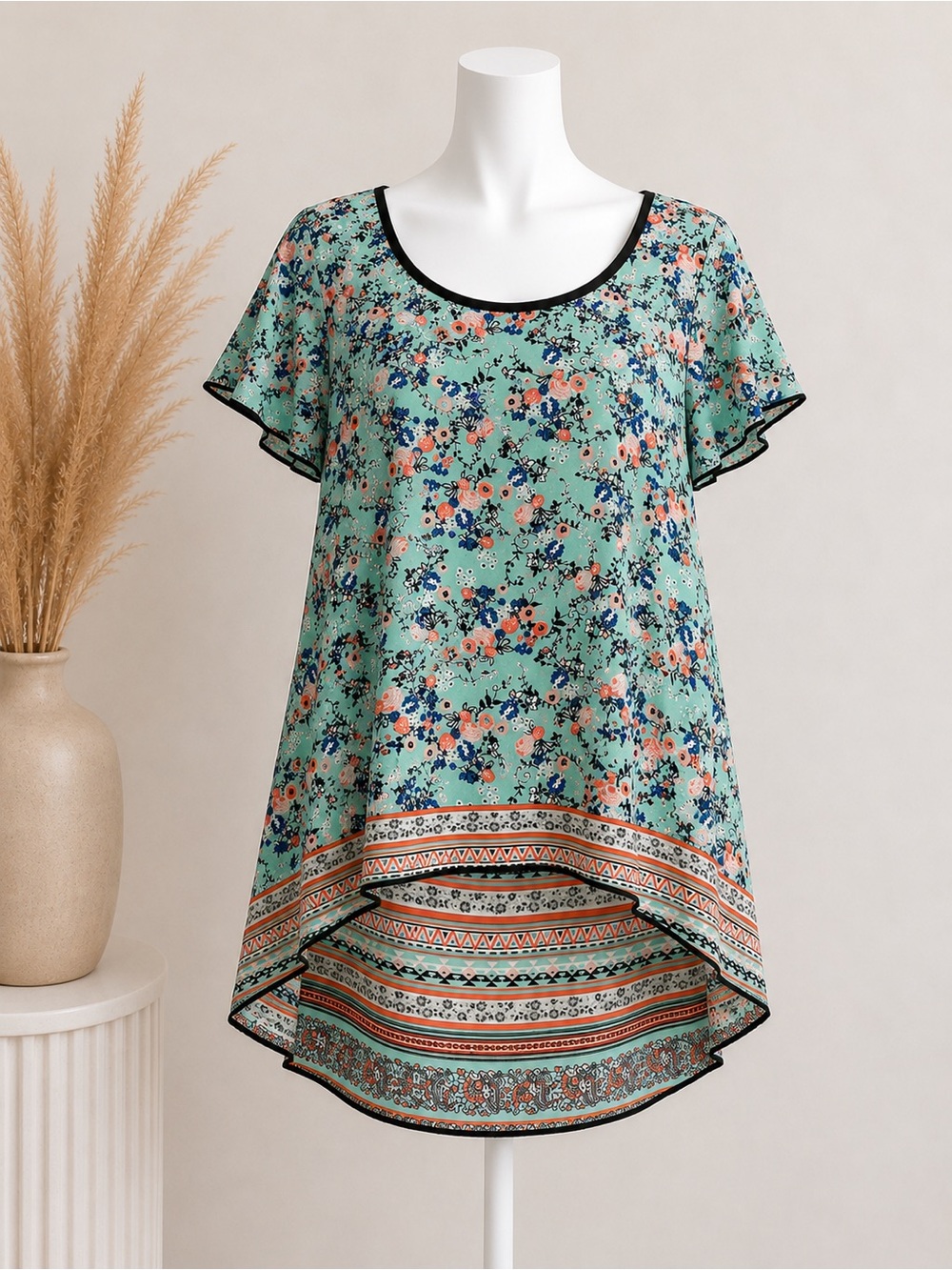 Society Mint Floral Border Scoop Neck Tunic